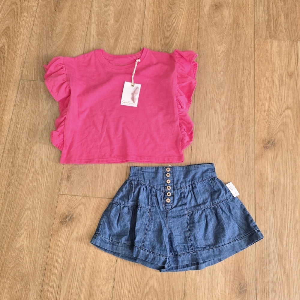 Jessica Simpson Bright Pink Ruffle Top & Chambray Short Set NWT Size 5